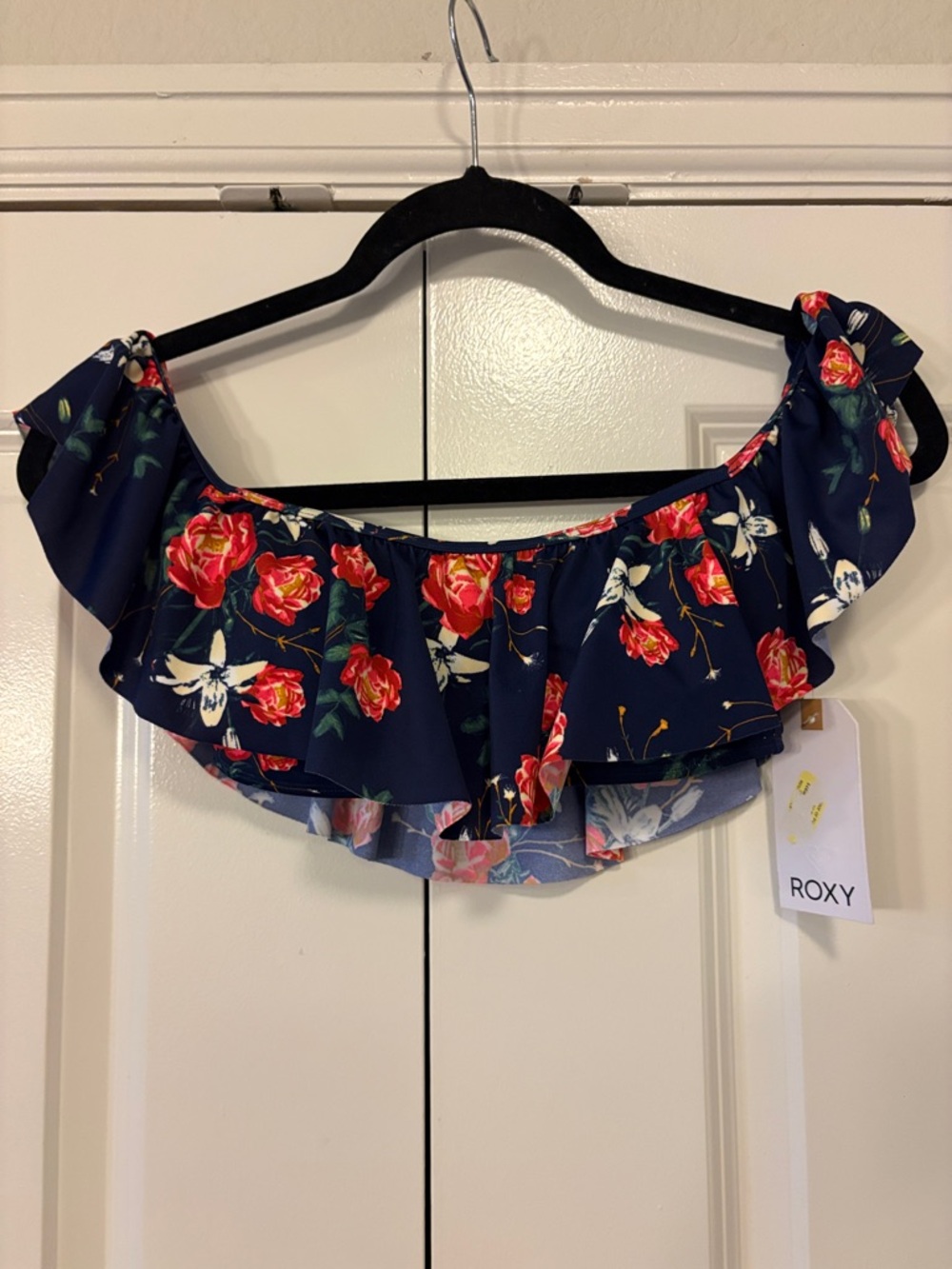 Roxy Navy Off-Shoulder Floral Bikini Top with Red Roses